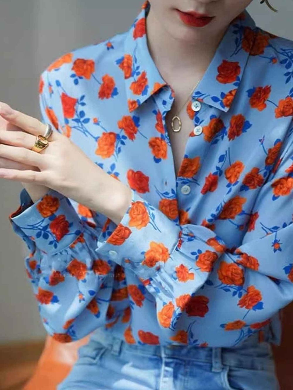 WD.NY Blue Button-Down Shirt with Orange Floral Print